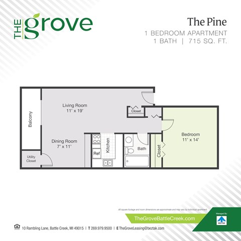 Floor plan for 1 bed, 1 bath, 715 sqft